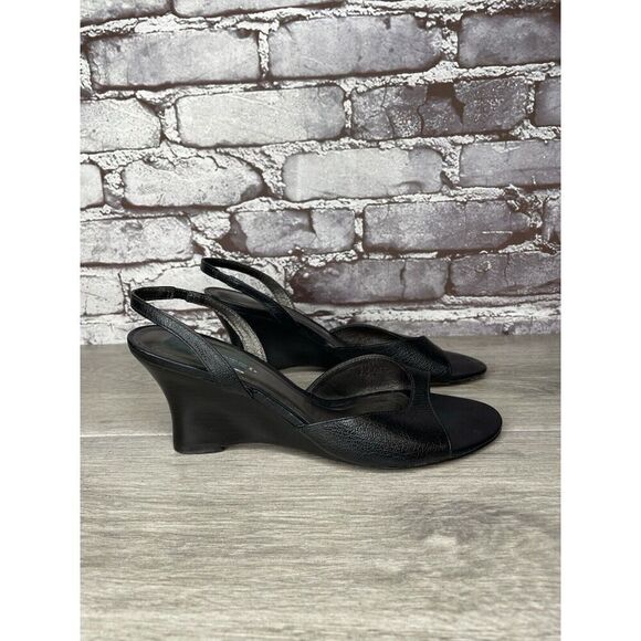 Vigotti Black Leather Open Toe Slingback High Wedge Sandals Women Sz 7W US/38EU - Picture 16 of 16